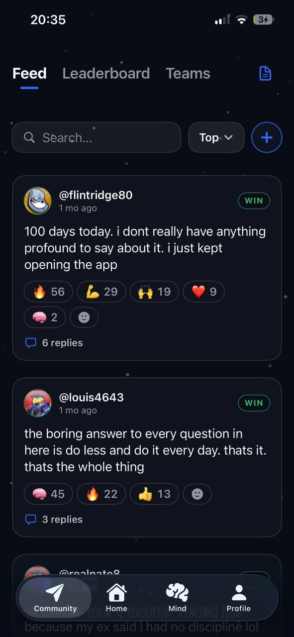 Community feed: members posting their wins