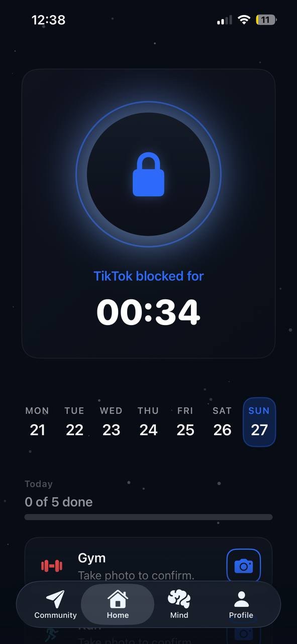 Home screen: TikTok blocked timer and daily tasks